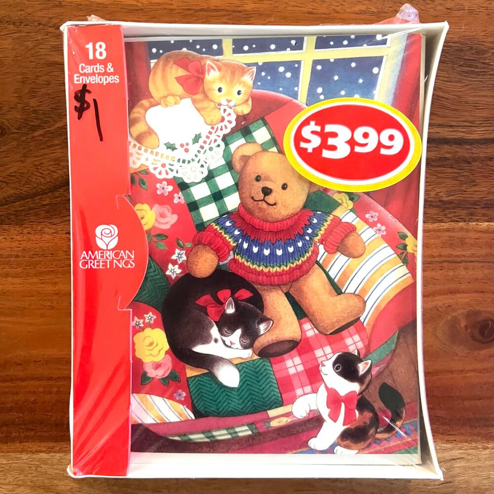 Vintage American Greetings Christmas Cards Teddy Bear Cat Boxed Set 18 USA 90s